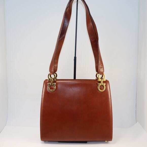 Salvatore Ferragamo Brown Leather Gancini Shoulder Bag Vintage Italy - Picture 1 of 8